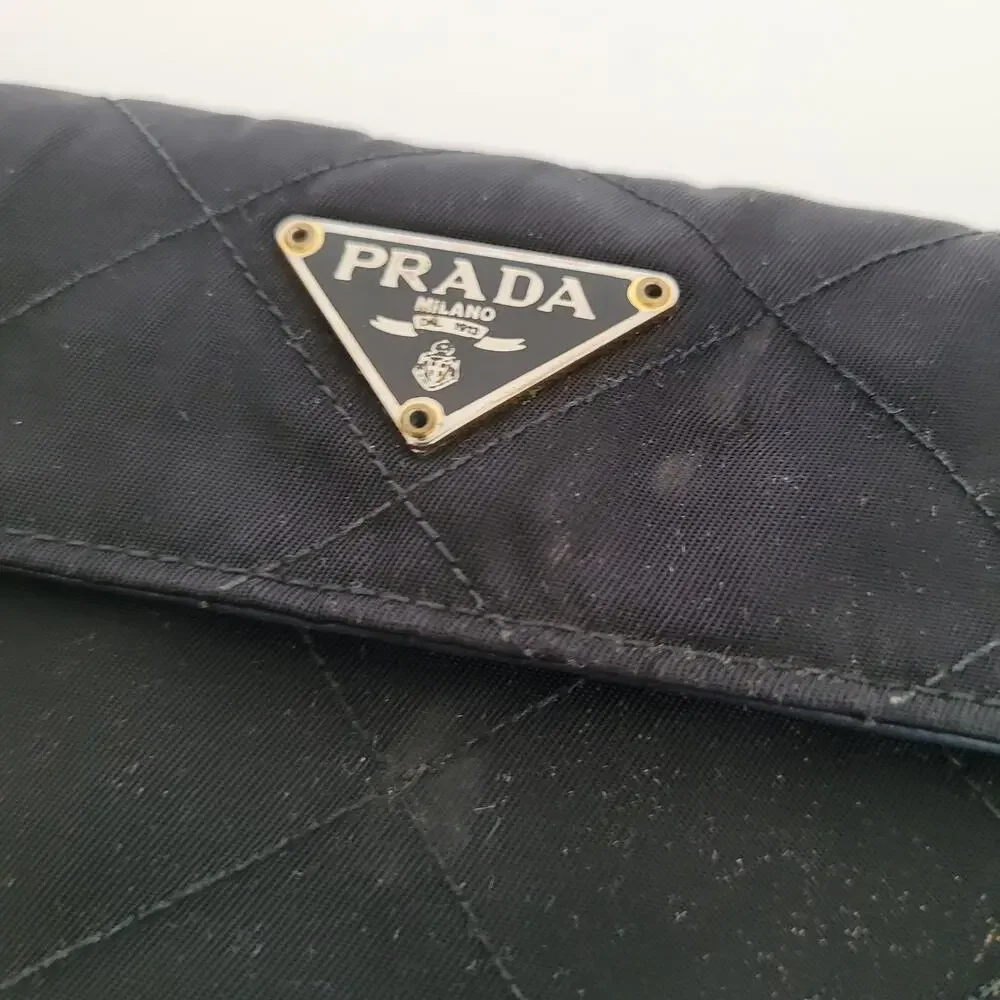 Prada Milano Black Quilted Nylon &‎ Leather Bifold Wallet Gold Logo Snap Closure
